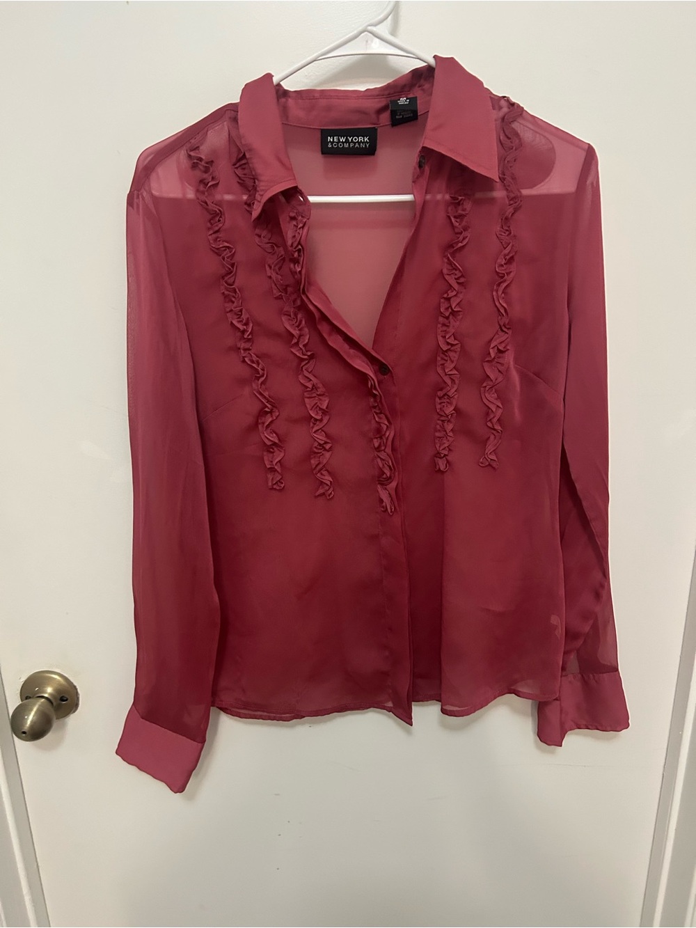 New York & Company Burgundy Ruffle Sheer Button-Down Blouse